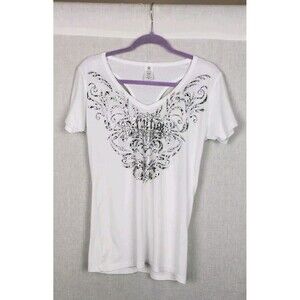 Affliction T shirt Womens XL White Silver Logo Beaded Racerback 100% Cotton Rock